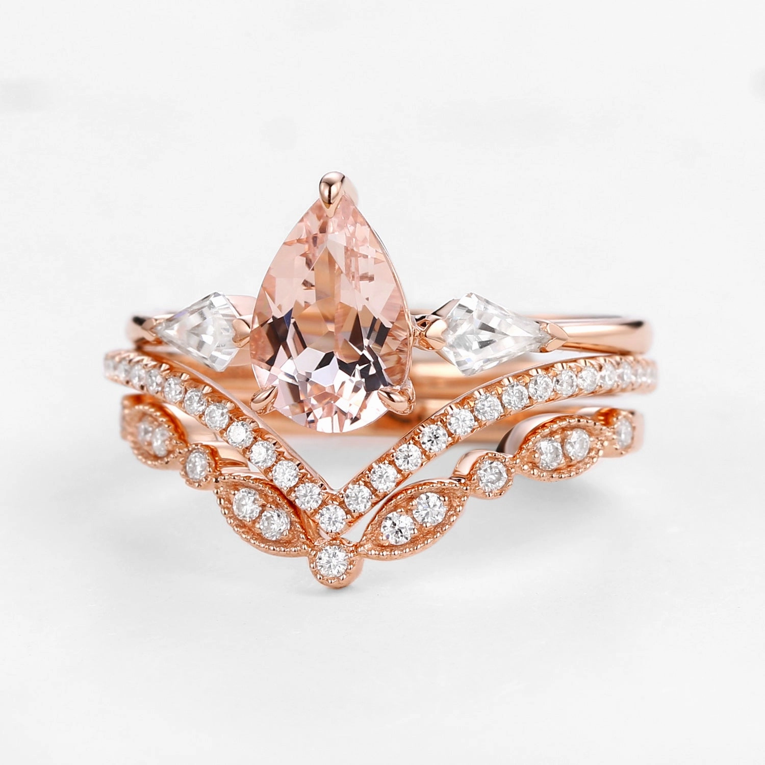 Peachy Morganite & Moissanite Three Stone Ring Set 3pcs Elegant Focus