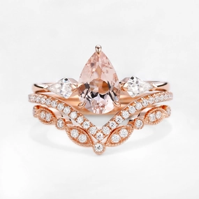 Vintage Accent Monochrome Mood Peachy Morganite & Moissanite Three Stone Ring Set 3pcs