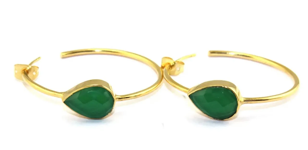 Pear-Shaped Green Onyx Gemstone Hoop Earrings 2.25”