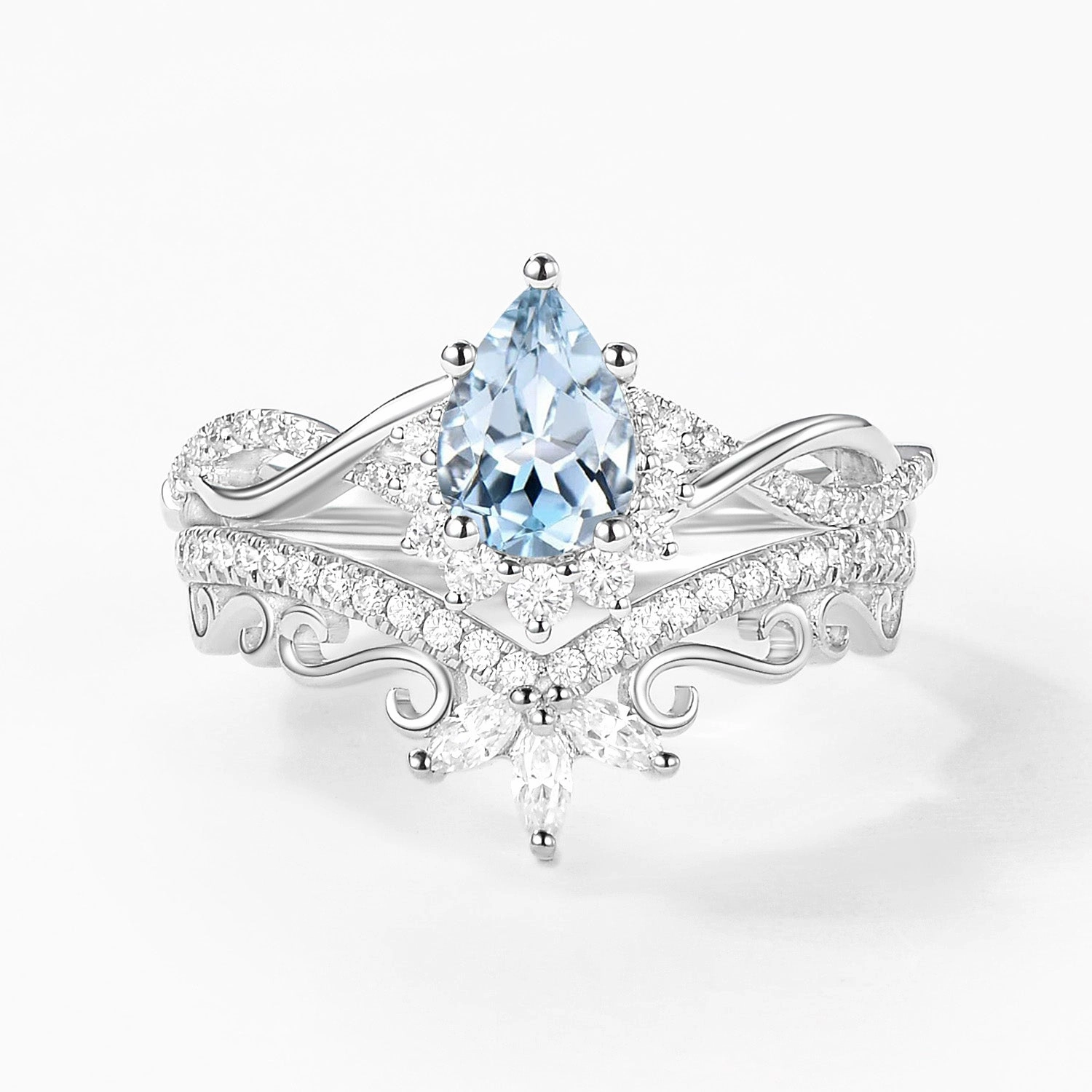 Pear Aquamarine Infinity Luxury Ring Set 2pcs - Aria Effortless Style True Elegance