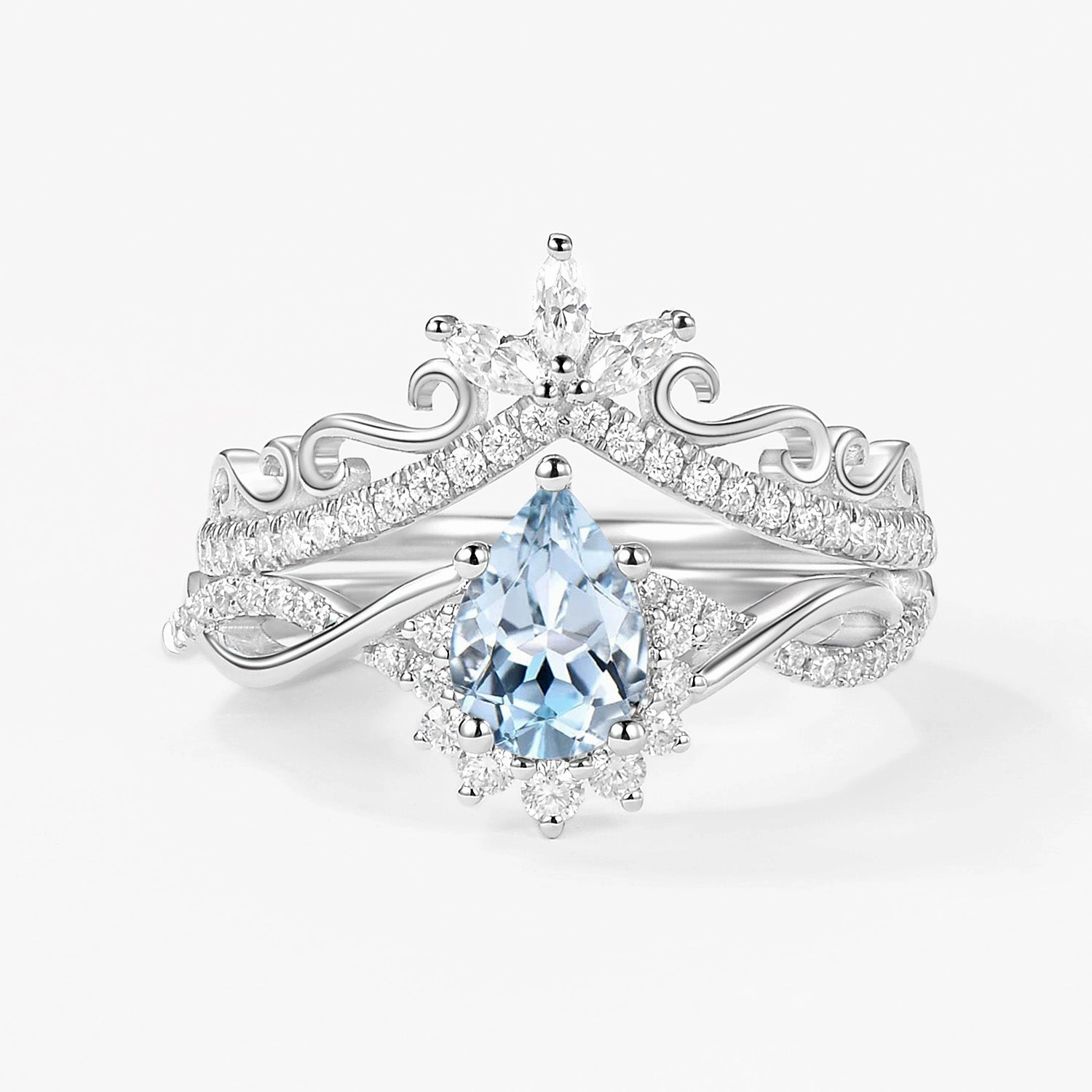 Pear Aquamarine Infinity Luxury Ring Set 2pcs - Aria Sparkle Style