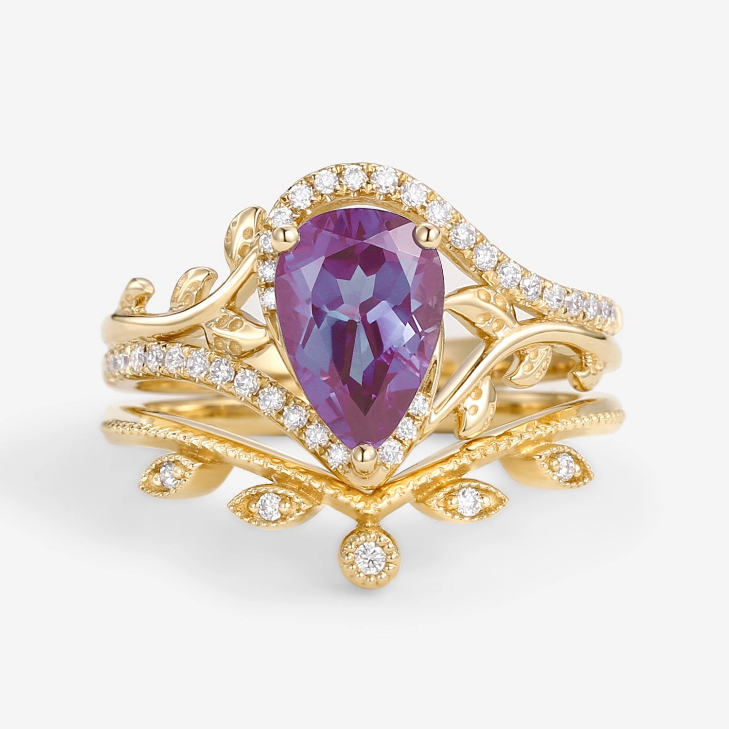 Elegant Statement Pear Cut Alexandrite & Moissanite Leafy Ring Set 2pcs