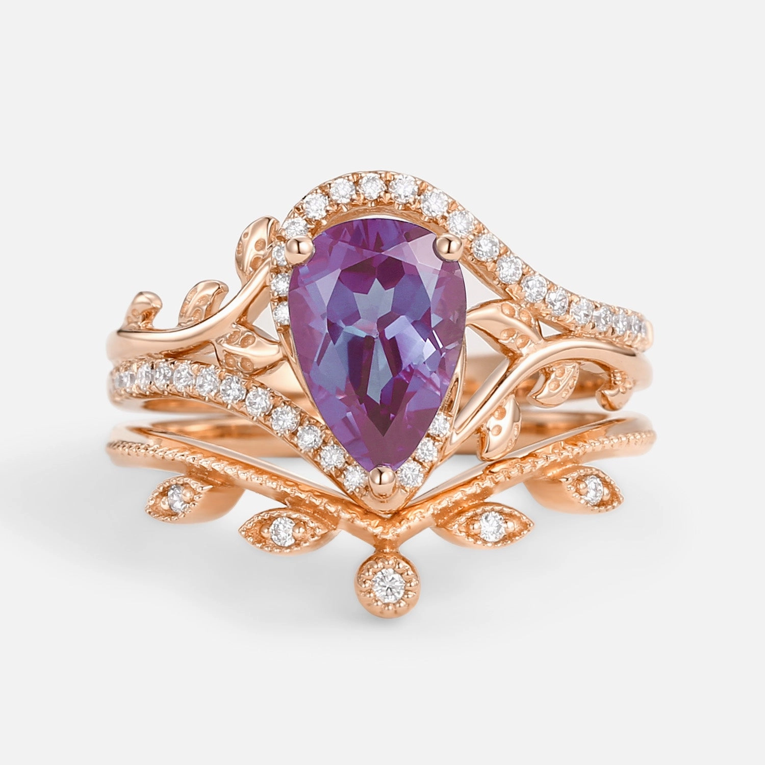 Pear Cut Alexandrite & Moissanite Leafy Ring Set 2pcs Elegant Pieces Comfortable Fit