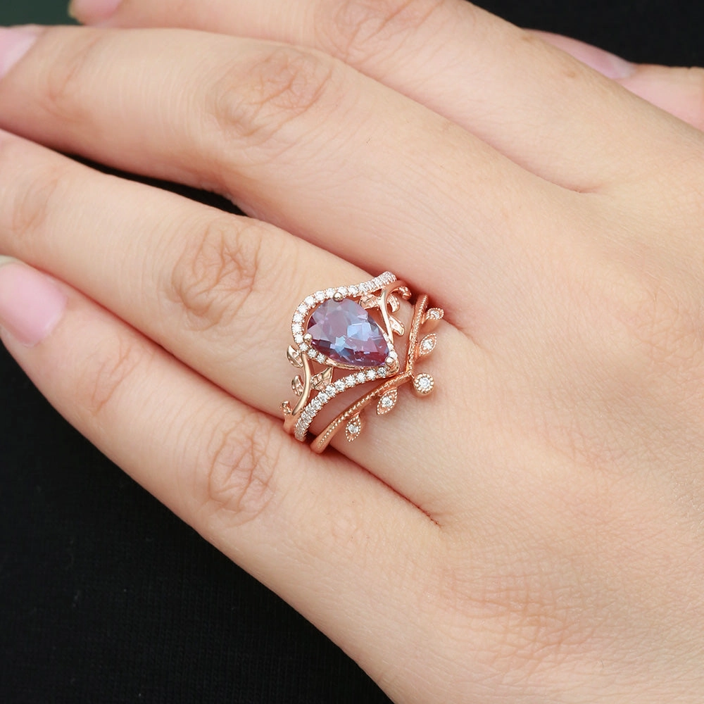 Signature Flair Date Fit Pear Cut Alexandrite & Moissanite Leafy Ring Set 2pcs