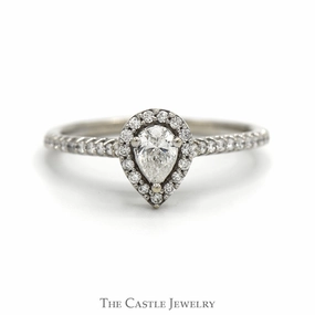 Bold Accent See Through Pear Cut Diamond Engagement Ring with Diamond Halo and Accented Sides in 14k White Gold