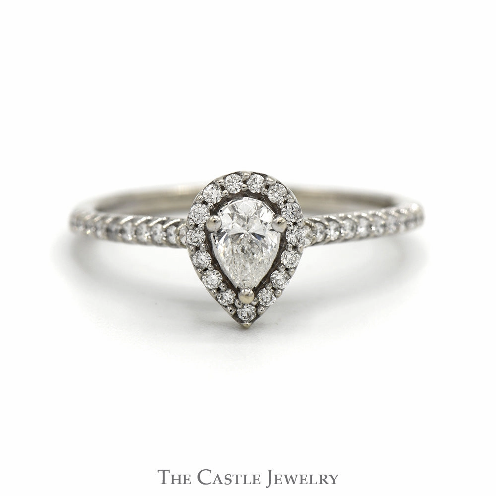 Bold Accent See Through Pear Cut Diamond Engagement Ring with Diamond Halo and Accented Sides in 14k White Gold