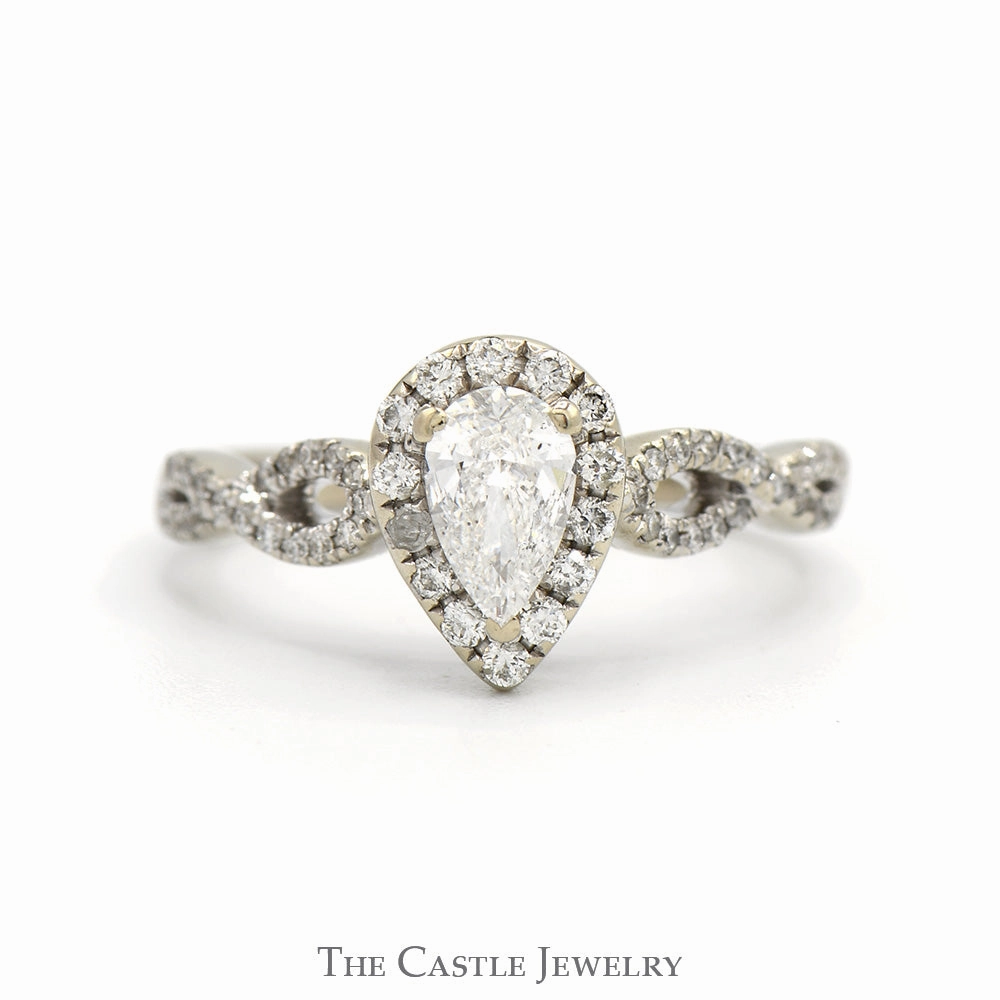 Pear Cut Diamond Engagement Ring with Diamond Halo and Accented Twisted Sides in 14k White Gold Stylish Adornment