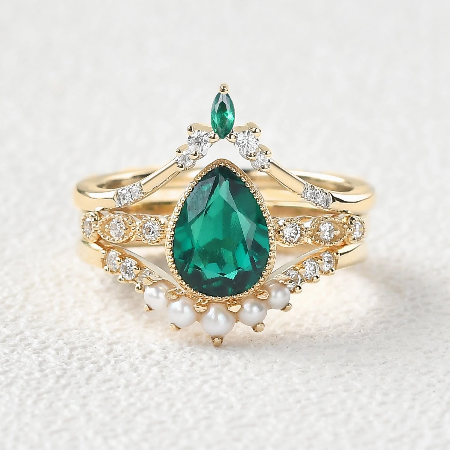 Pear Cut Emerald & Pearl Multiple Ring Set 3pcs Stunning Finish Vintage feel