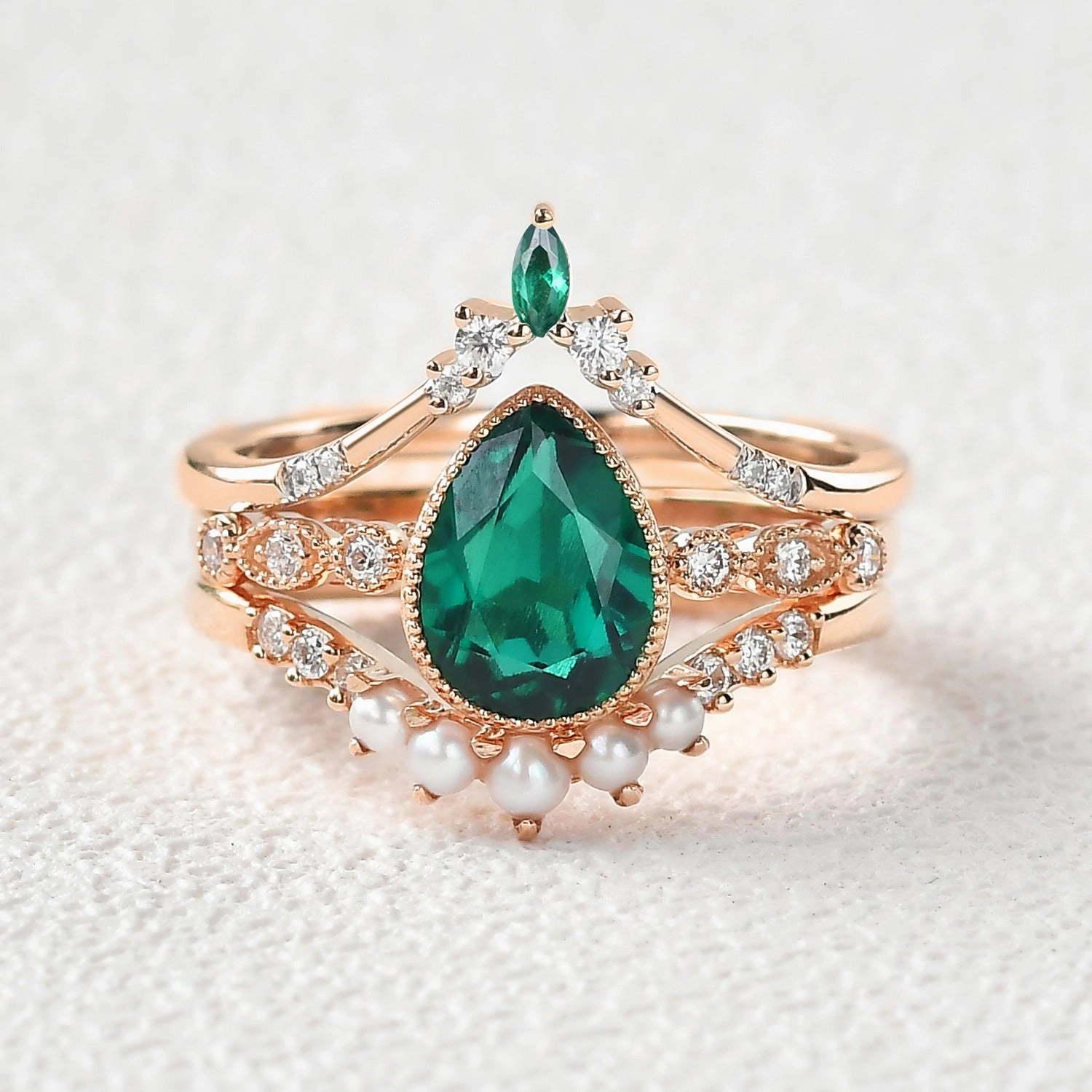 Day To Night Bright Pop Pear Cut Emerald & Pearl Multiple Ring Set 3pcs