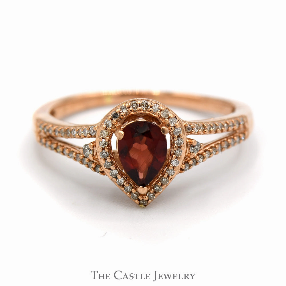 Pear Cut Garnet Ring with Diamond Halo and Accented Split Shank Sides in 10k Rose Gold Gift For Him Compostable Material