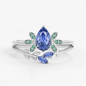 Pear Cut Lab Cornflower Blue Sapphire Leafy Ring Set 2pcs Bright Mood