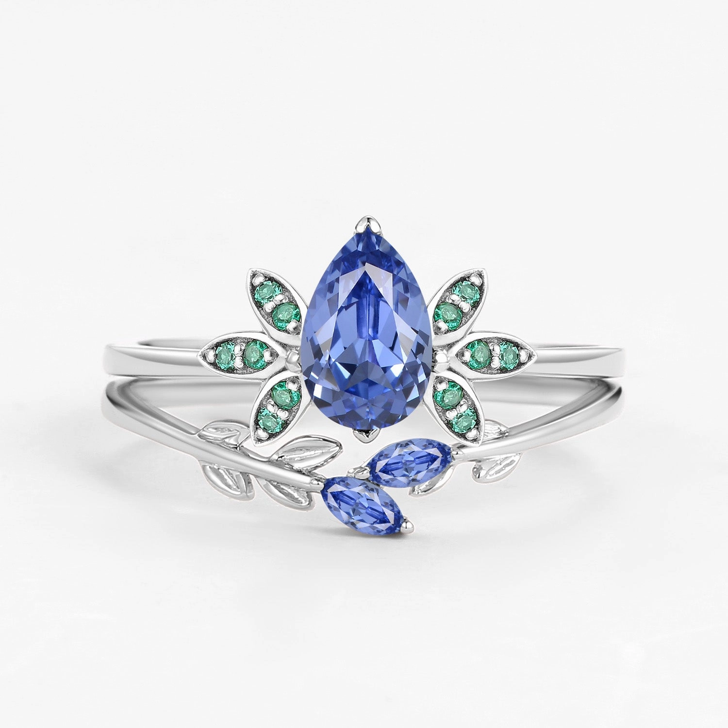Pear Cut Lab Cornflower Blue Sapphire Leafy Ring Set 2pcs Bright Mood