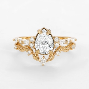 Handmade Jewelry Pear Cut Lab Grown Diamond Leafy Ring Set 2pcs - Bryony