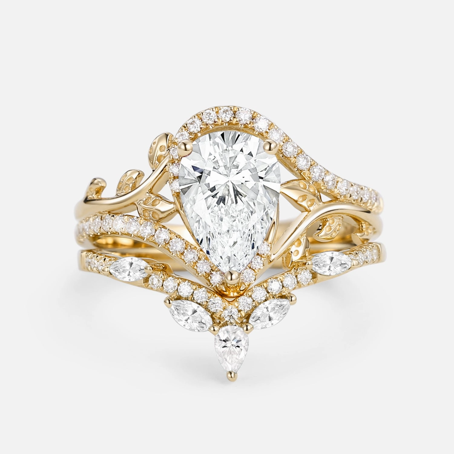 Pear Cut Lab Grown Diamond Leafy Ring Set 2pcs - Dalia Easy Match