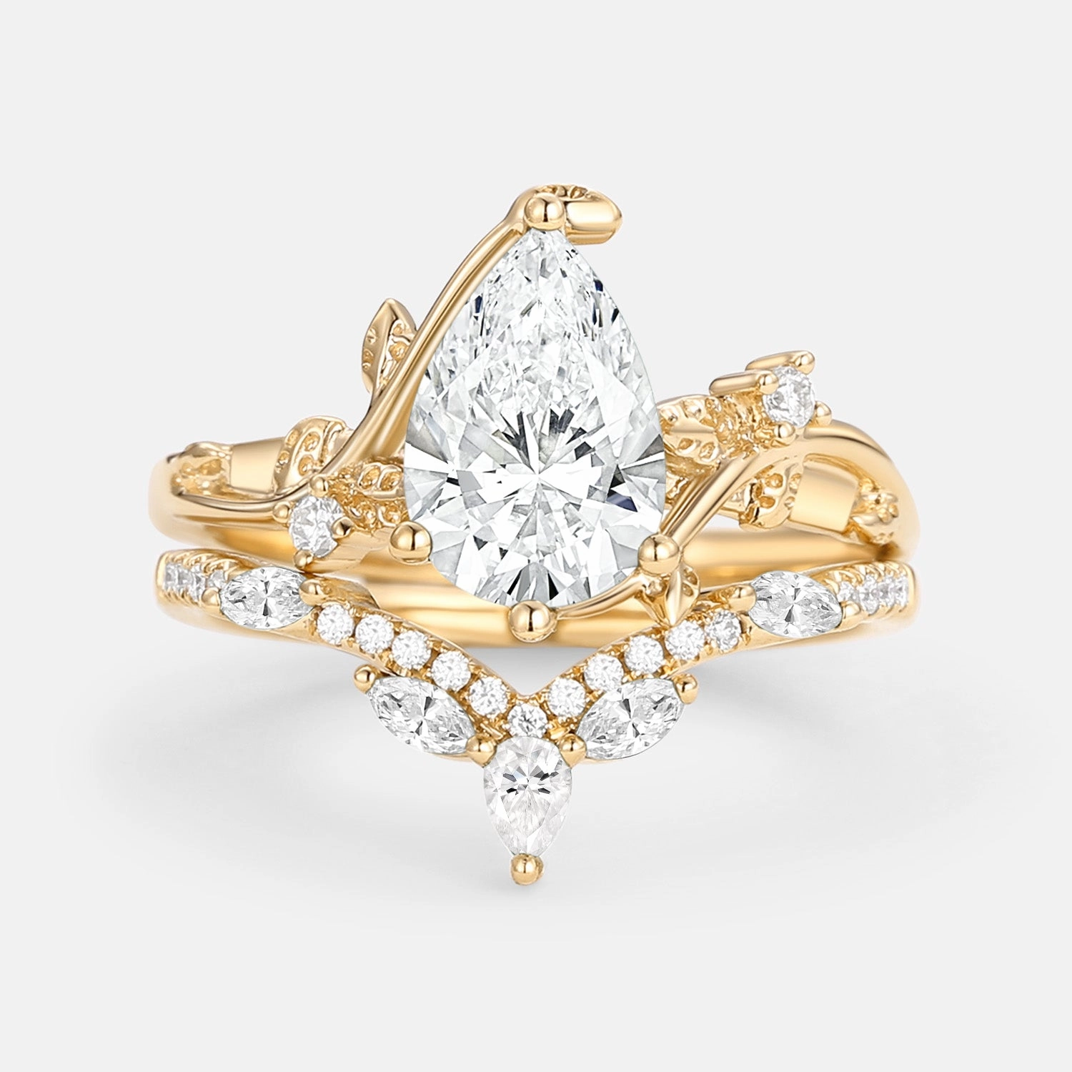 Bold Layer Polished Sparkle Pear Cut Lab Grown Diamond Leafy Ring Set 2pcs - Twigs