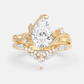 Understated Finish Pear Cut Lab Grown Diamond Leafy Ring Set 2pcs - Twigs