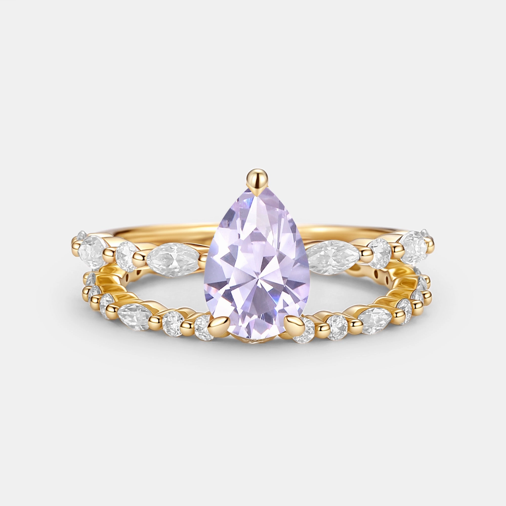 Cool feature Modern Spark Pear Cut Lab Lavender Sapphire Engagement Ring Set 2pcs - Thalia