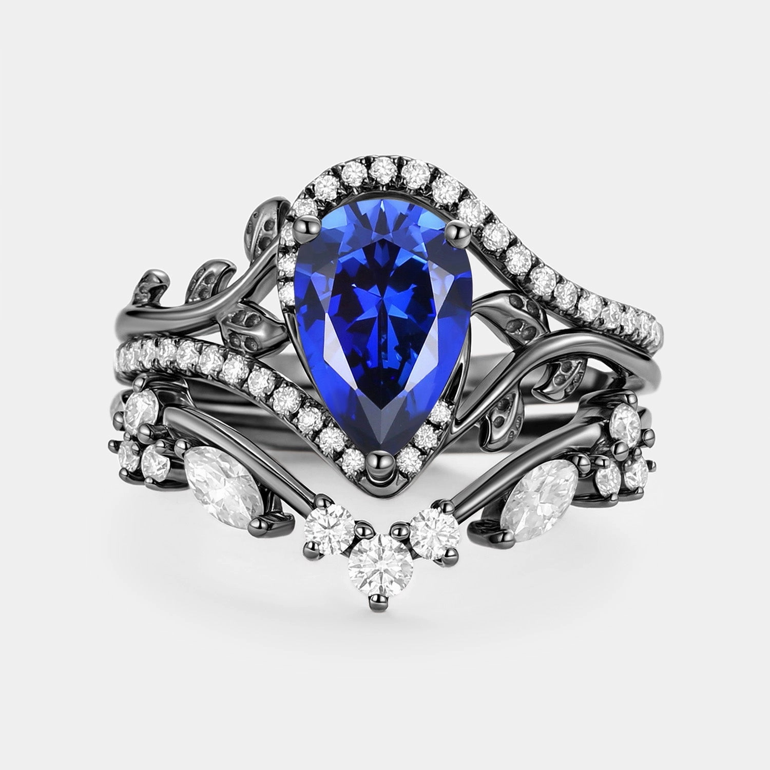 Pear Cut Lab Sapphire Leaf Engagement Ring Set 2pcs - Saphyr Vibrant Shine Pieces