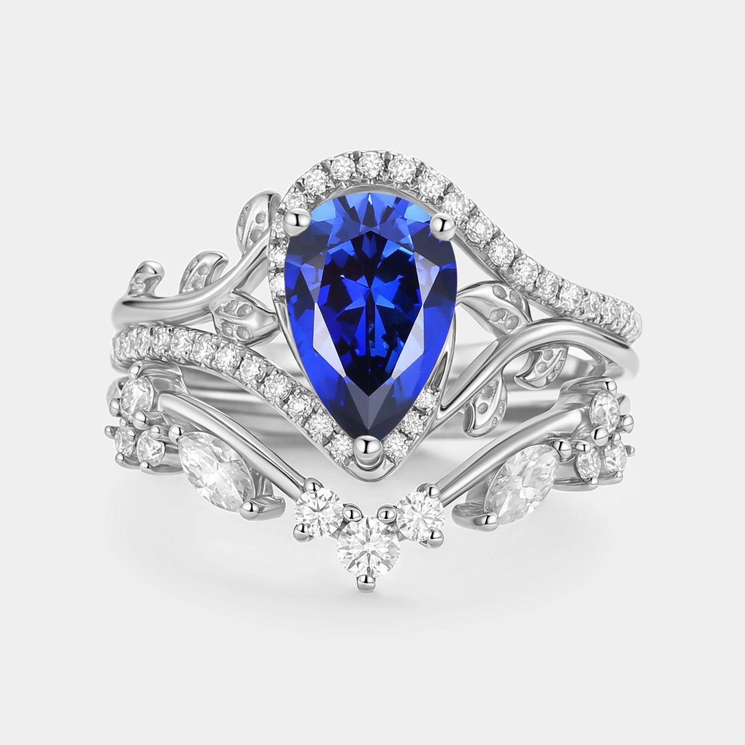 Pear Cut Lab Sapphire Leaf Engagement Ring Set 2pcs - Saphyr Bold Contour