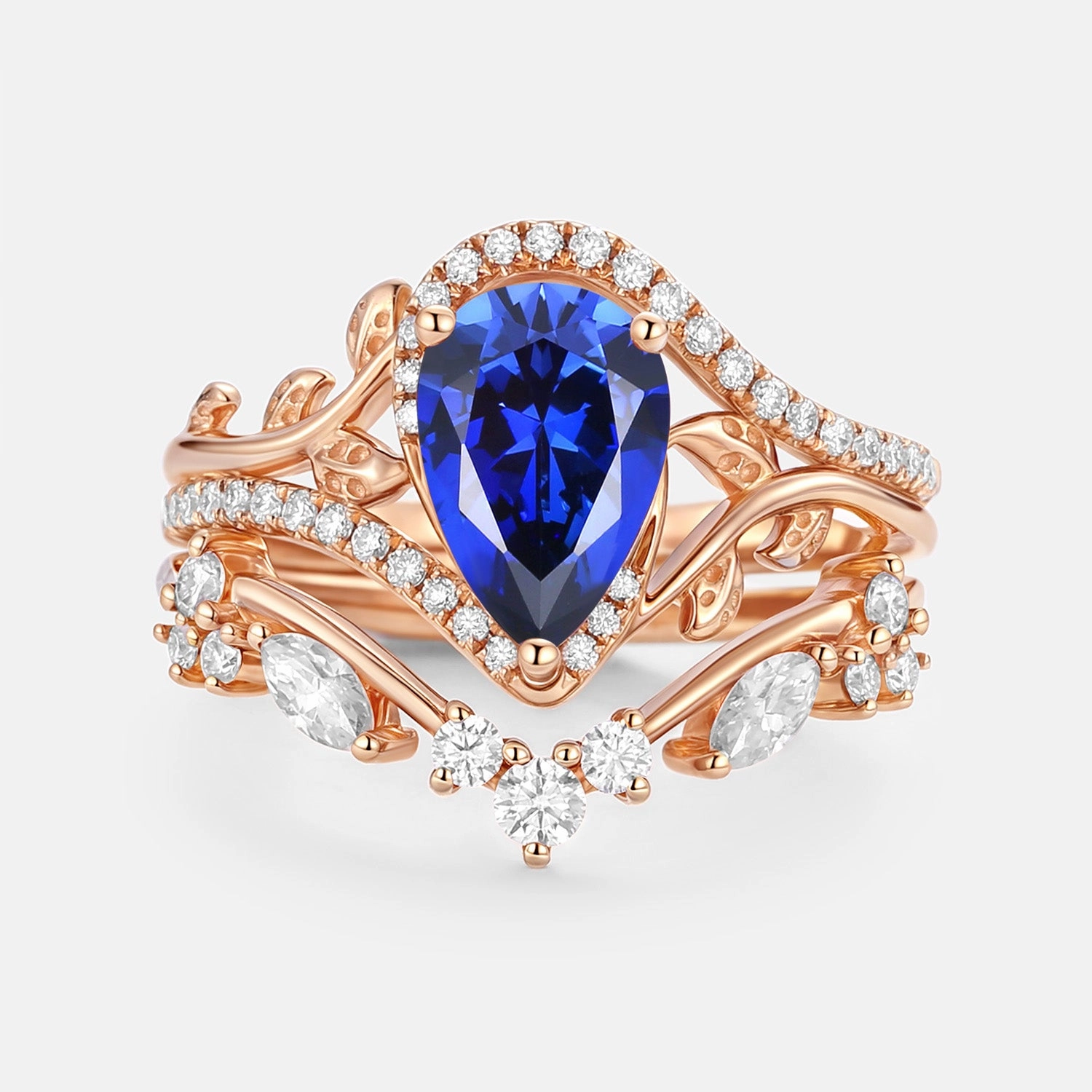Romantic Style Everyday Wear Pear Cut Lab Sapphire Leaf Engagement Ring Set 2pcs - Saphyr