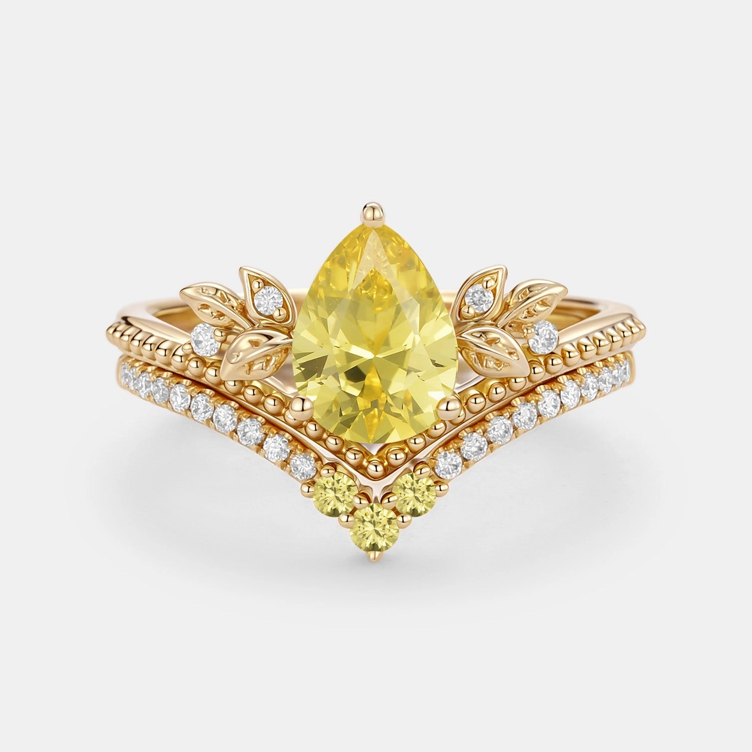 Fashionable Accent Expressive Feature Pear Cut Lab Yellow Sapphire Leafy Ring Set 2pcs - Aureolin