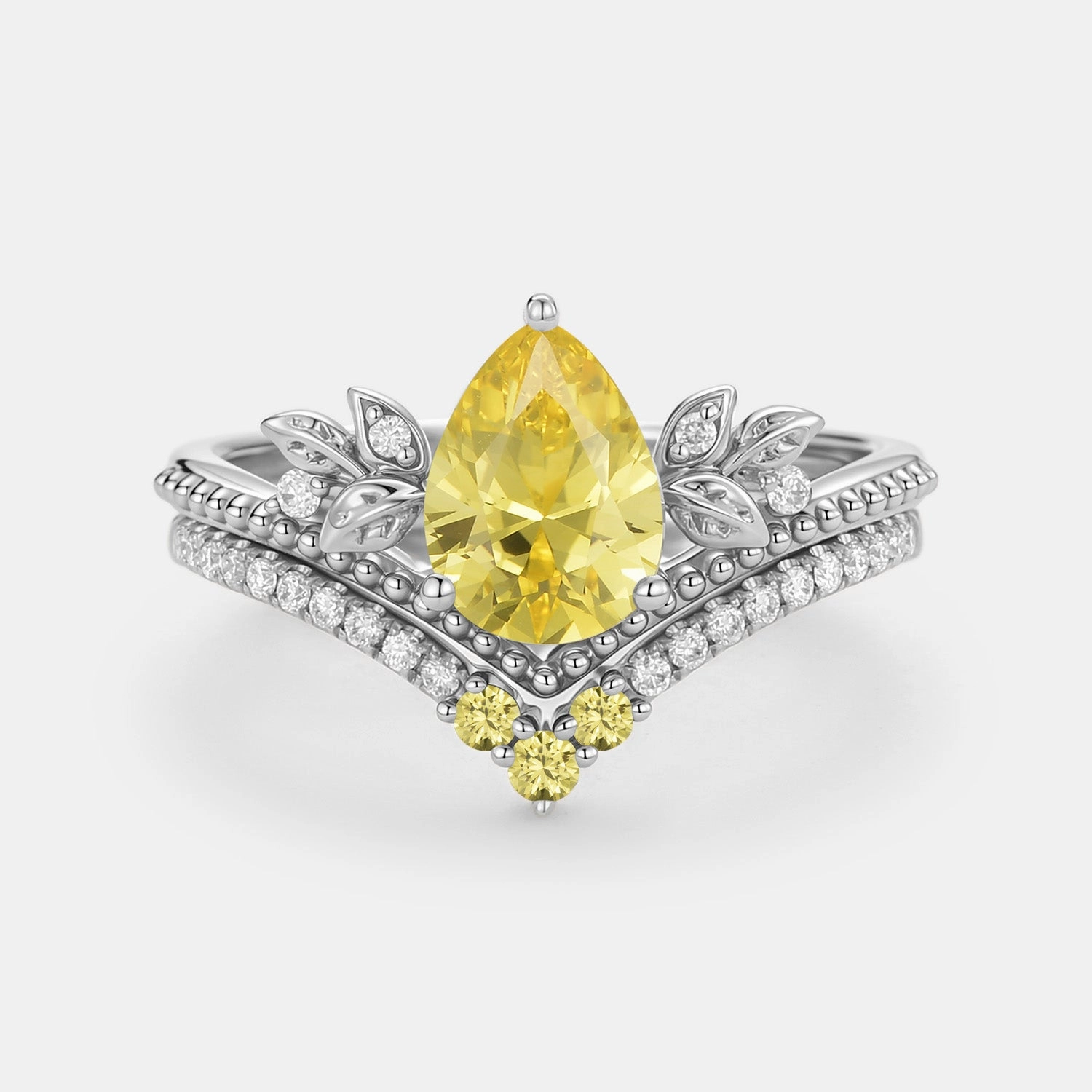 Allure Factor Pear Cut Lab Yellow Sapphire Leafy Ring Set 2pcs - Aureolin