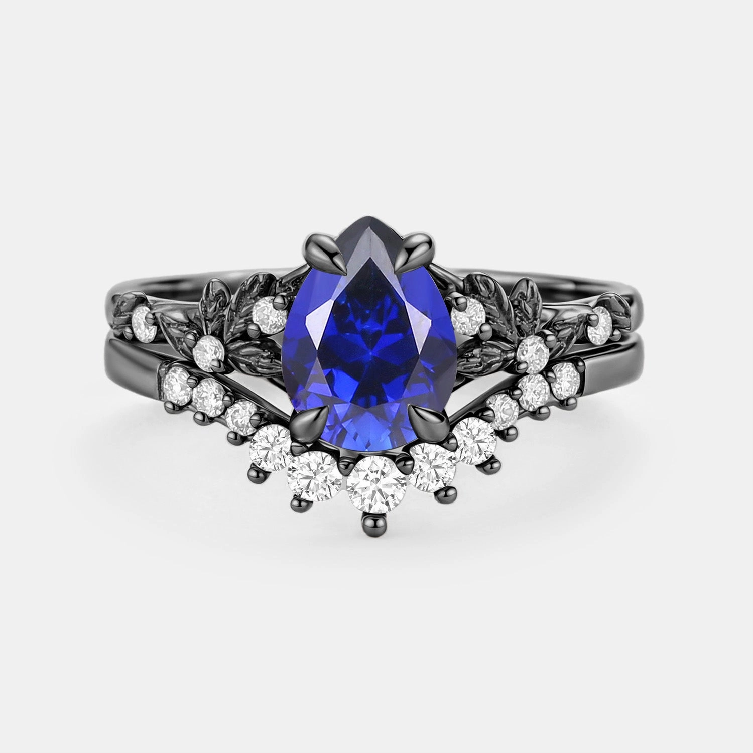 Balanced Highlight Shiny Embellishments Pear Cut Leafy Lab Sapphire Engagement Ring Set 2pcs - Vespera