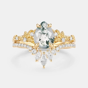 Pear Cut Leafy Moss Agate Engagement Ring Set 2pcs - Kestrel Fashion Style Muted Finish