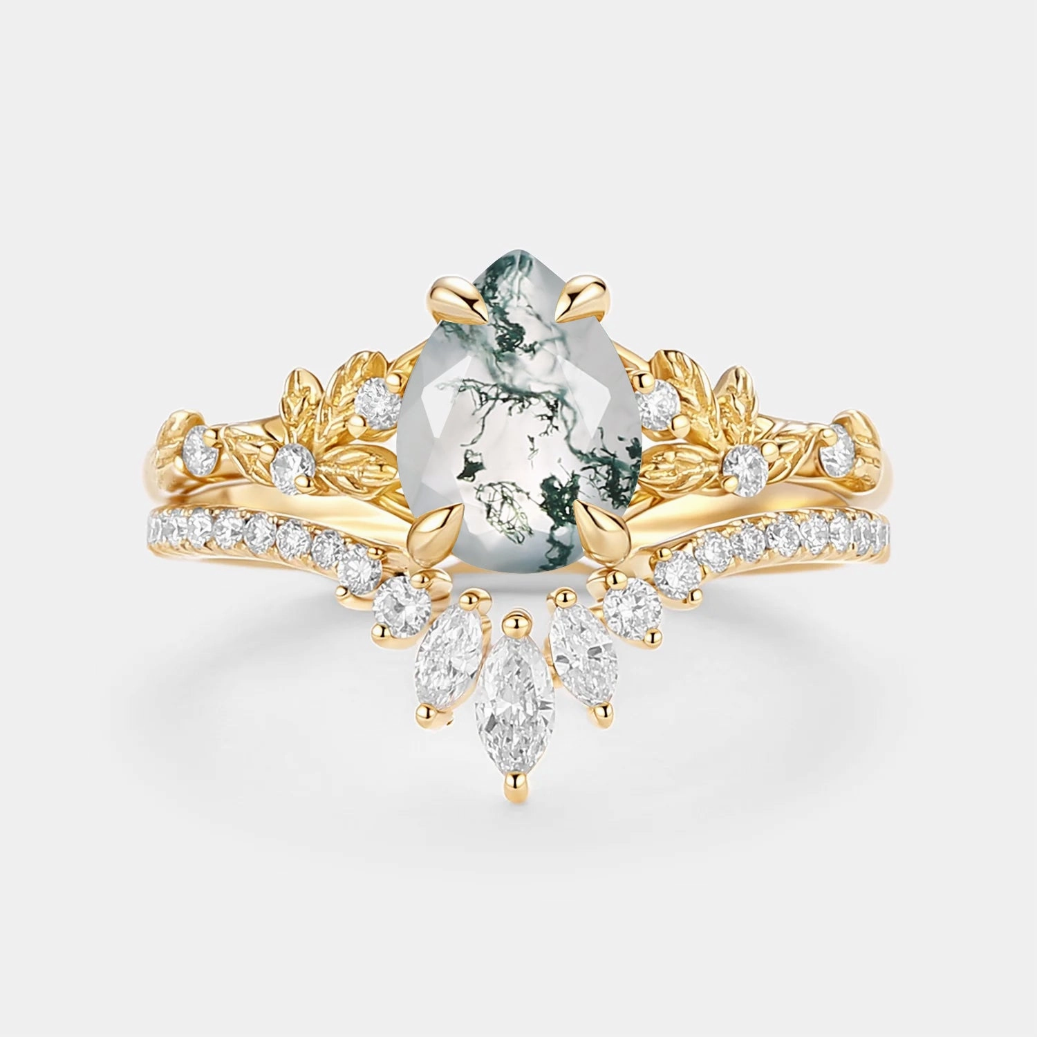 Pear Cut Leafy Moss Agate Engagement Ring Set 2pcs - Kestrel Fashion Style Muted Finish