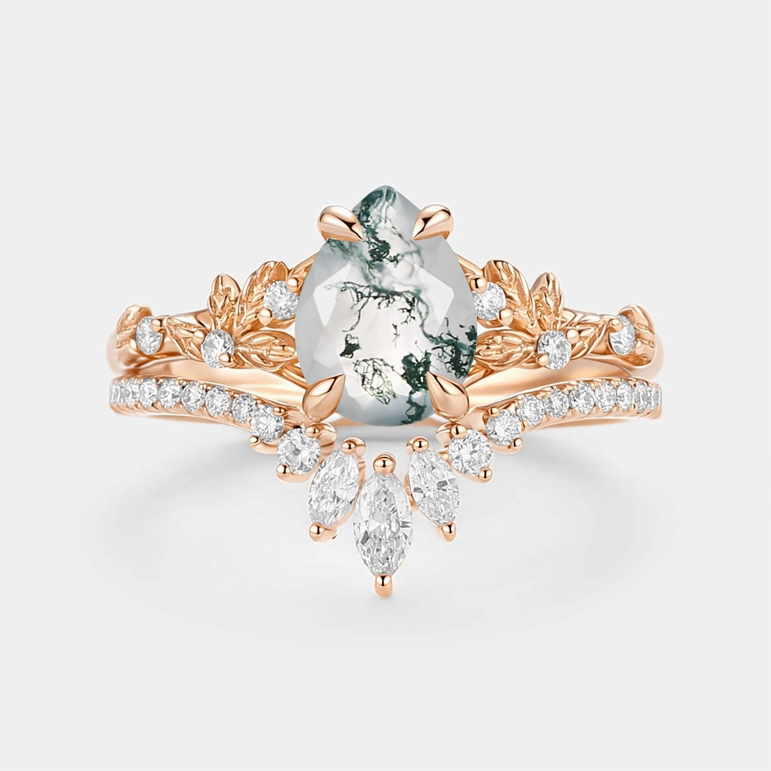 Smooth Shine Street Ready Pear Cut Leafy Moss Agate Engagement Ring Set 2pcs - Kestrel
