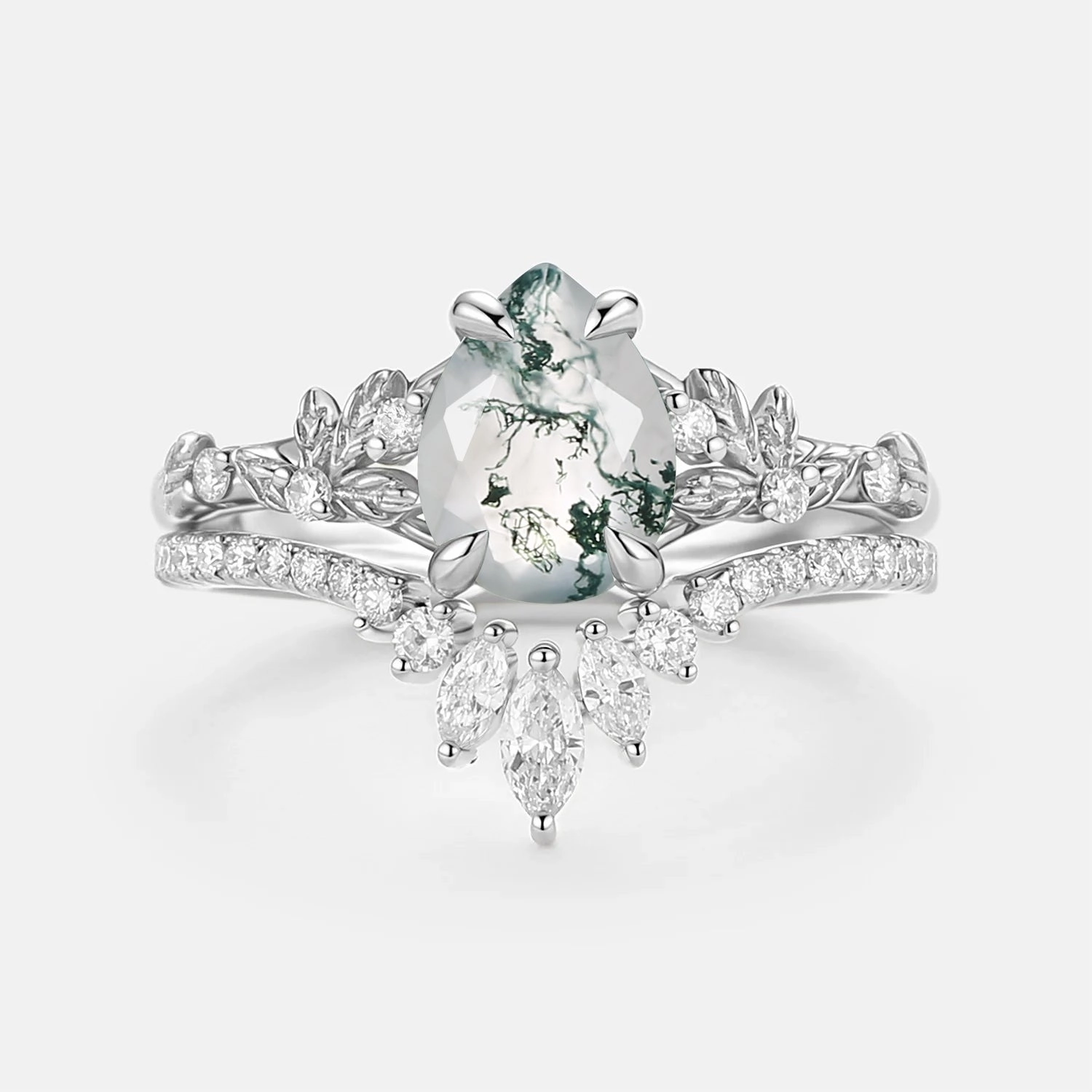 Muted Style Pear Cut Leafy Moss Agate Engagement Ring Set 2pcs - Kestrel