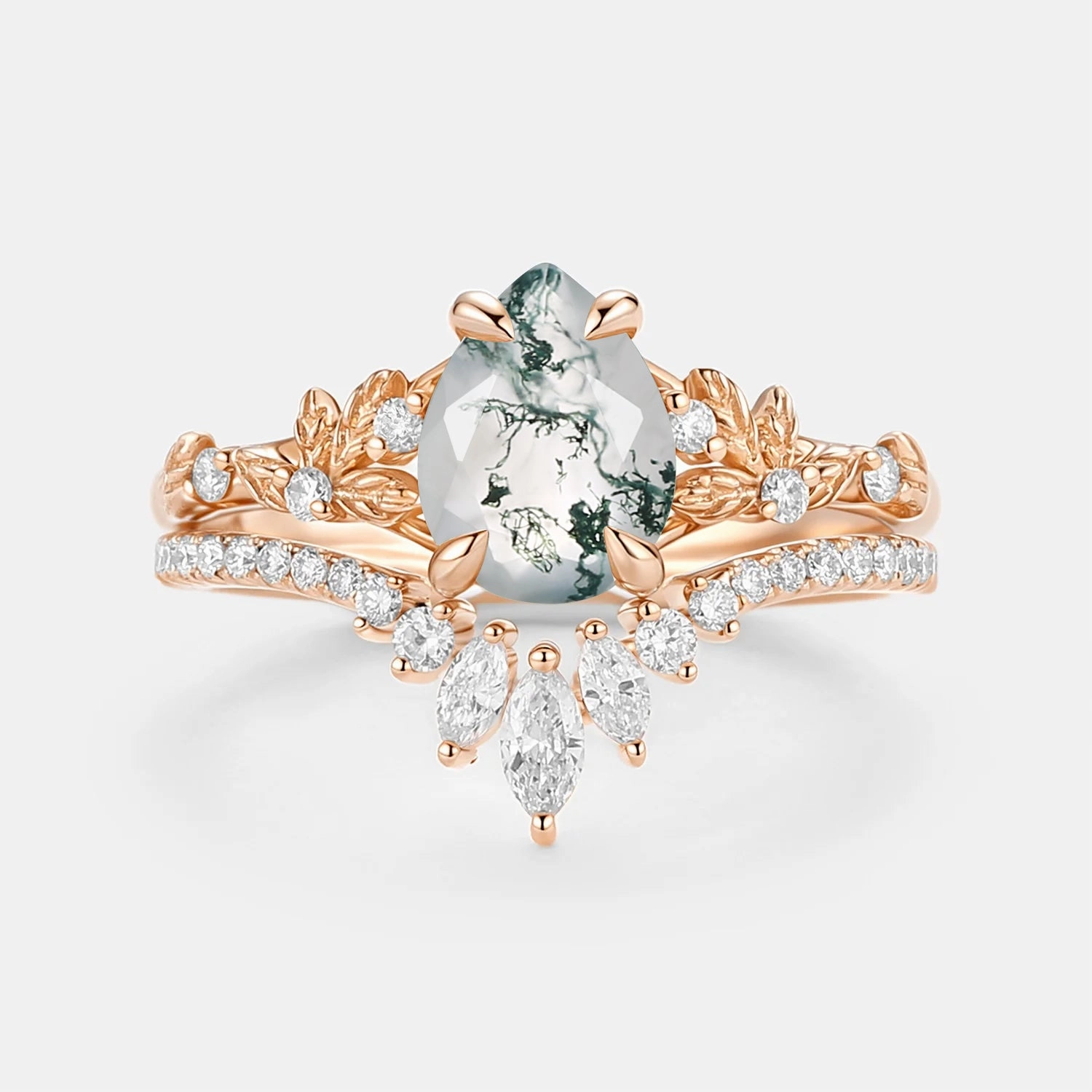 Everyday Accessory Structured Accent Pear Cut Leafy Moss Agate Engagement Ring Set 2pcs - Kestrel