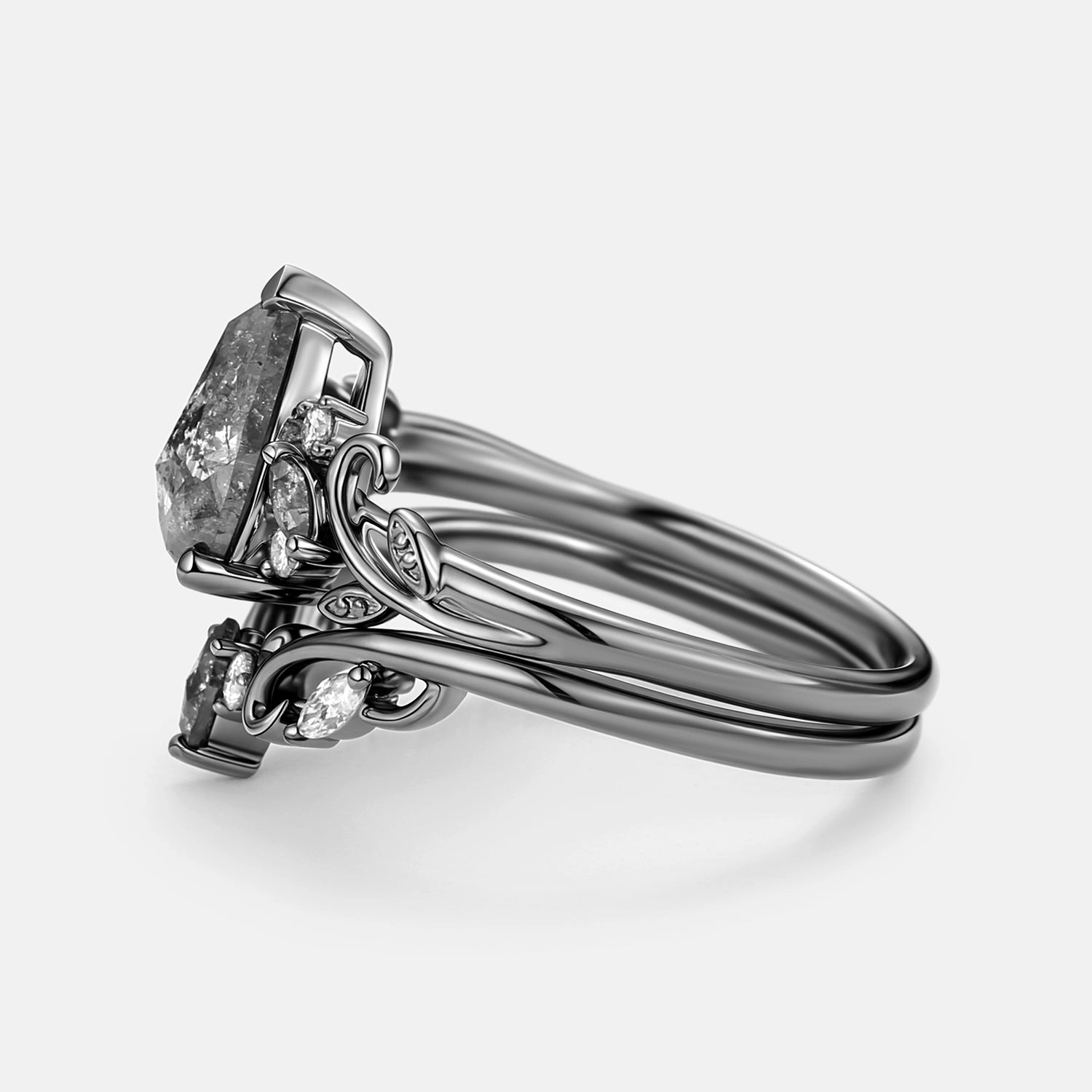 Pear Cut Leafy Salt and Pepper Diamonds Engagement Ring Sets 2pcs - Pyrrhus Romantic Style Urban Mood