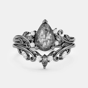 Pear Cut Leafy Salt and Pepper Diamonds Engagement Ring Sets 2pcs - Pyrrhus Graceful Lines Fashion Edit