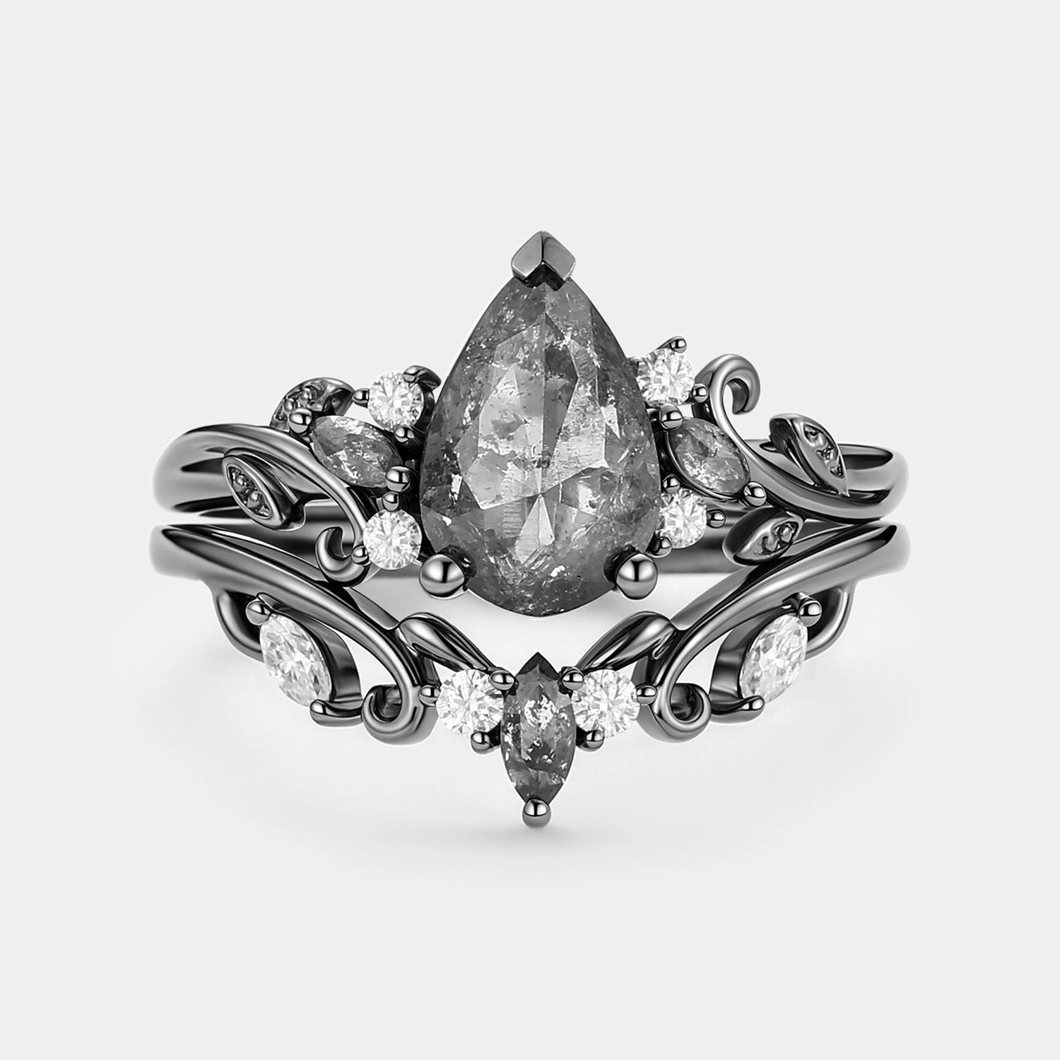 Pear Cut Leafy Salt and Pepper Diamonds Engagement Ring Sets 2pcs - Pyrrhus Sparkle Boost
