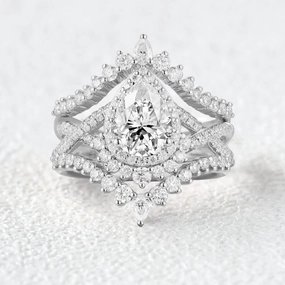 Office Style Sleek Sparkle Pear Cut Moissanite Halo Infinity Engagement Ring Sets 3pcs