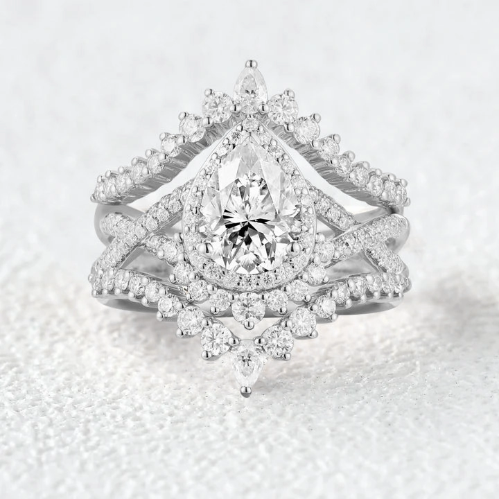 Pear Cut Moissanite Halo Infinity Engagement Ring Sets 3pcs Timeless Design