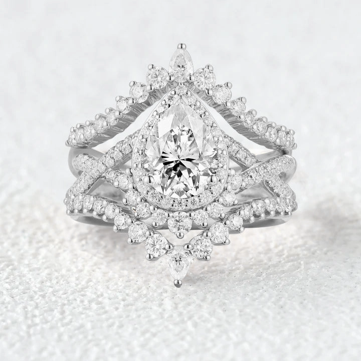 Office Style Sleek Sparkle Pear Cut Moissanite Halo Infinity Engagement Ring Sets 3pcs