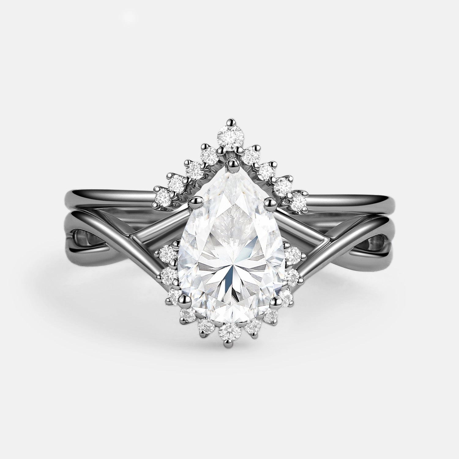 Pear Cut Moissanite Infinity Engagement Ring Set 2pcs Candid Shot