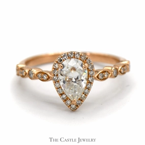 Traditional Work Pear Cut Moissanite Ring with Diamond Accents in 14k Rose Gold