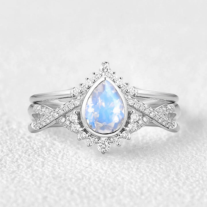 Pear Cut Moonstone Bezel Infinity Engagement Ring Set 2pcs Work Day Style Seasonal Accent