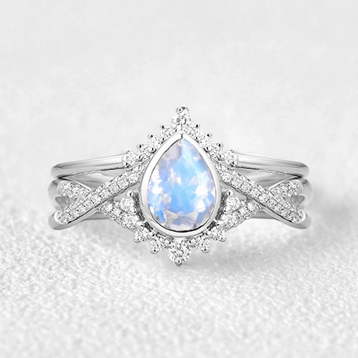 Pear Cut Moonstone Bezel Infinity Engagement Ring Set 2pcs Unique Gem