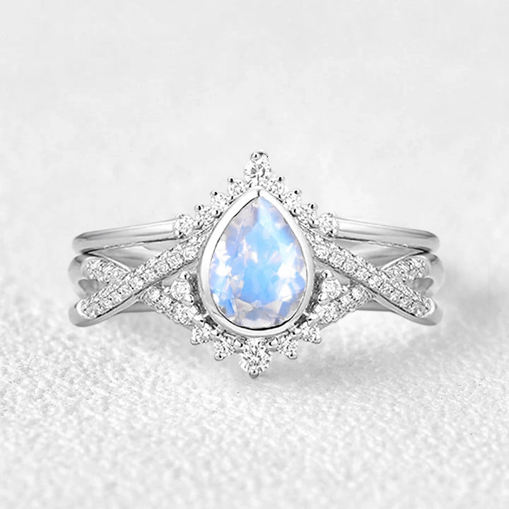 Precious Appeal Pear Cut Moonstone Bezel Infinity Engagement Ring Set 2pcs