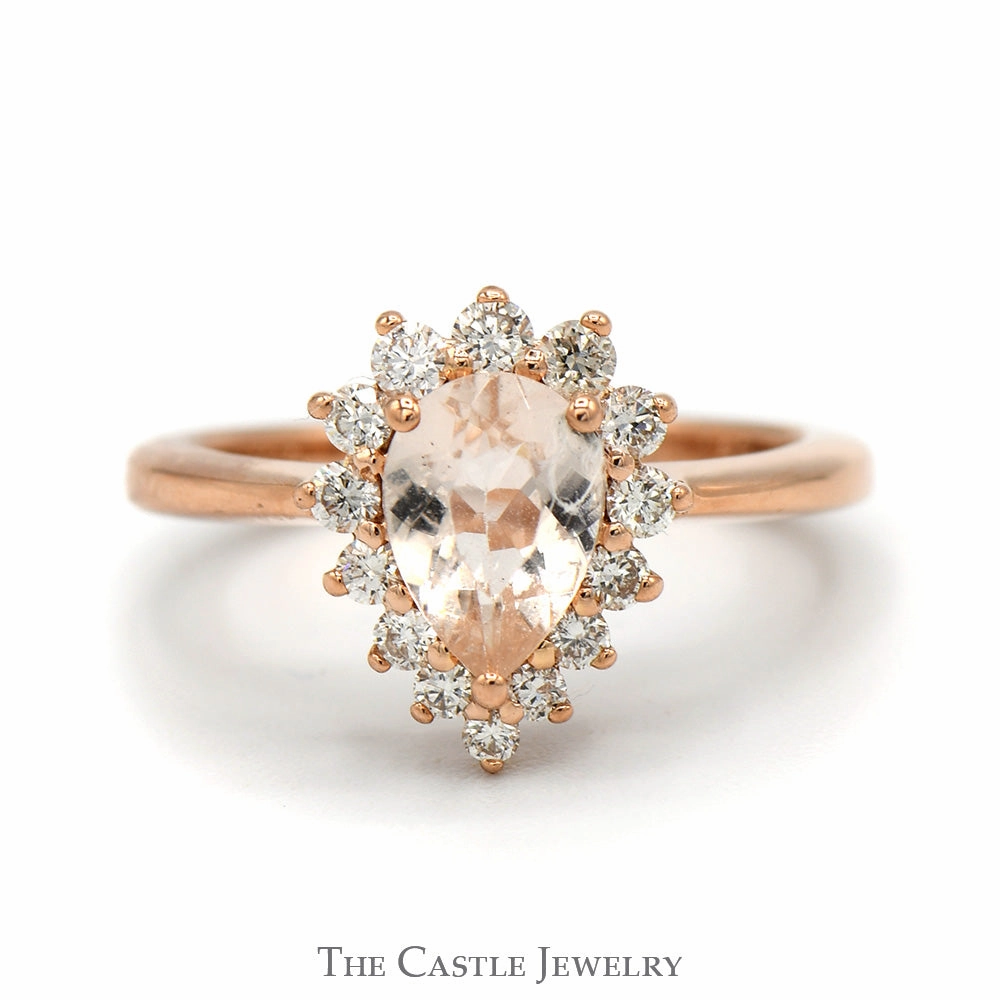 Contemporary Symbol Comfortable Adornment Pear Cut Morganite Engagement Ring with Diamond Halo in 14k Rose Gold