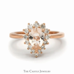 Contemporary Symbol Comfortable Adornment Pear Cut Morganite Engagement Ring with Diamond Halo in 14k Rose Gold