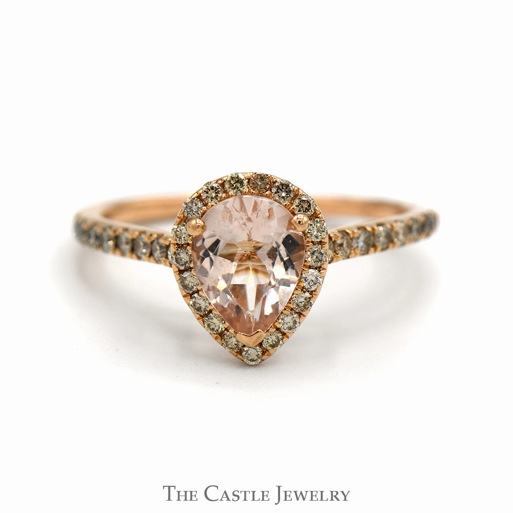 Pear Cut Morganite Le Vian Designer Ring with Diamond Halo and Accented Sides in 14k Rose Gold Chic Design