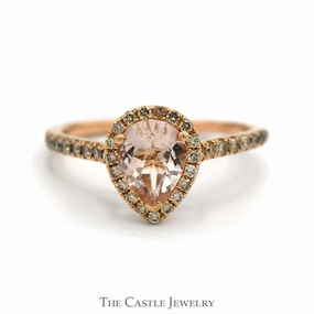 Pear Cut Morganite Le Vian Designer Ring with Diamond Halo and Accented Sides in 14k Rose Gold Chic Design
