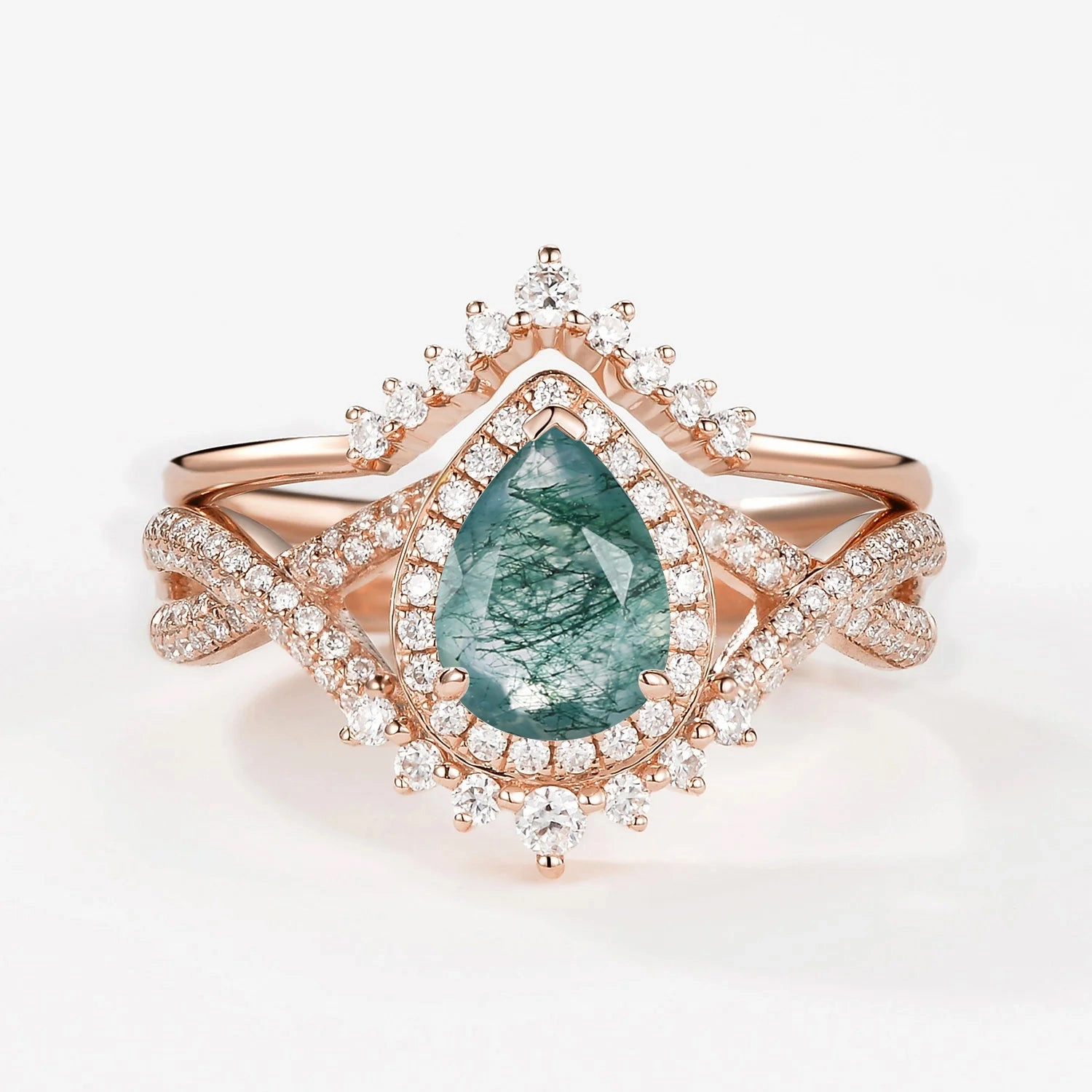 Stylish Highlight Soft Style Pear Cut Moss Agate Halo Infinity Ring Set 2pcs - Valentina