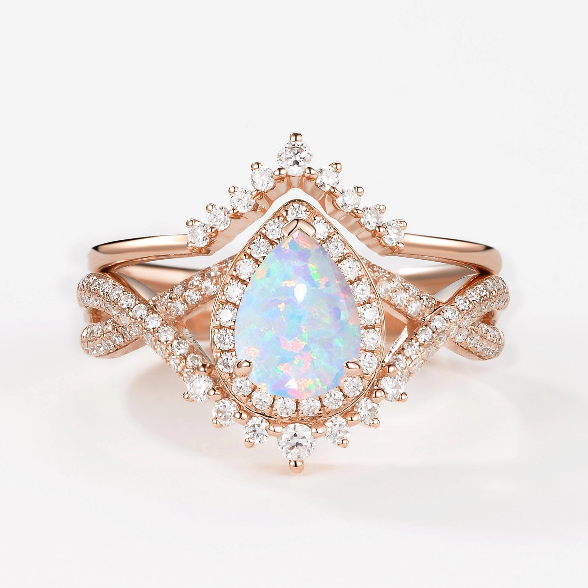 Expressive Feature Pear Cut Moss Agate Halo Infinity Ring Set 2pcs - Valentina