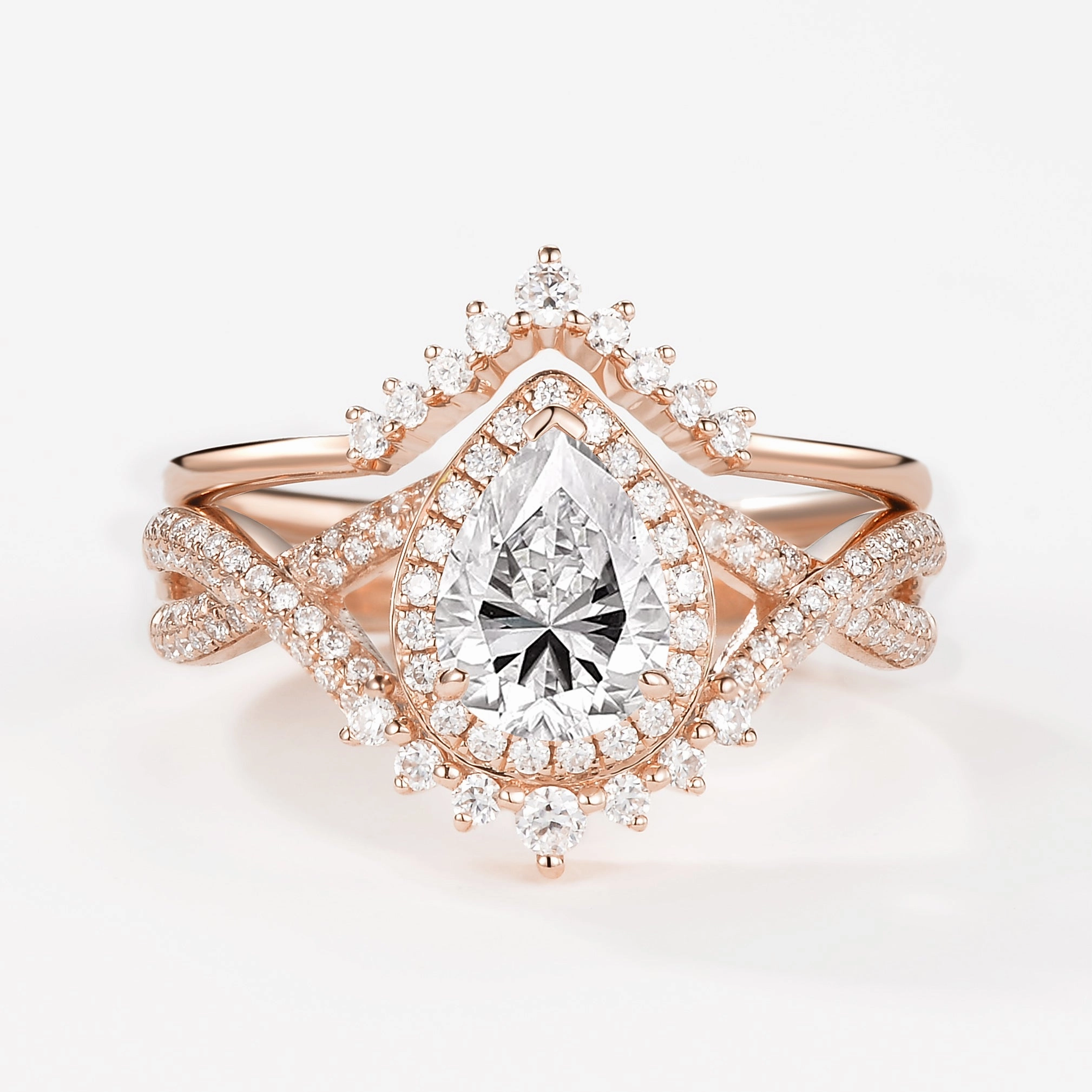 Colorful Glow Seasonal Favorite Pear Cut Moss Agate Halo Infinity Ring Set 2pcs - Valentina